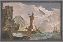 View of a harbor with the ruin of a tower on the waterfront, 1700-1799. Creator: Anon