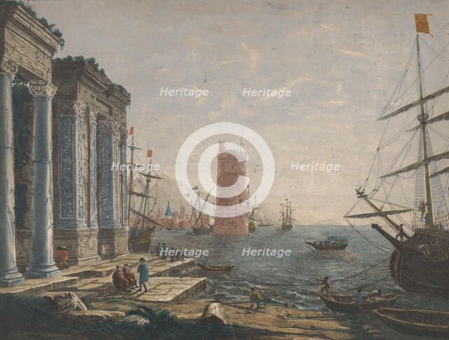 View of a harbour with ships and boats on the water, 1752. Creator: Thomas Major.