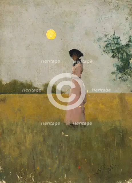 View of a Lady in Pink standing in a Cornfield, 1881. Creator: George Clausen.