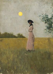 View of a Lady in Pink standing in a Cornfield, 1881. Creator: George Clausen