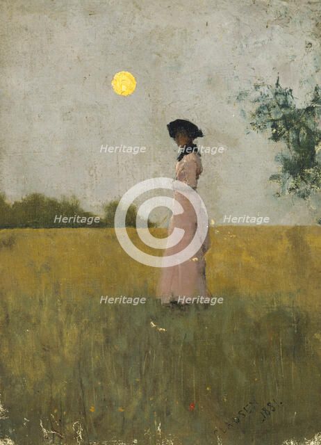 View of a Lady in Pink standing in a Cornfield, 1881. Creator: George Clausen.