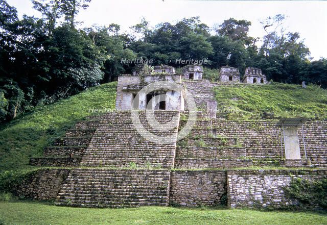 View of a pyramid at the Mayan ruins of Bonampak.