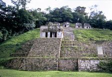 View of a pyramid at the Mayan ruins of Bonampak