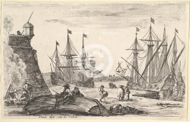 View of a part of Calais (Veue d'un coin de Calais), a man sitting on an overturned canoe ..., 1647. Creator: Stefano della Bella.