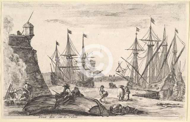 View of a part of Calais (Veue d'un coin de Calais), a man sitting on an overturned canoe ..., 1647. Creator: Stefano della Bella.