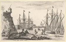 View of a part of Calais (Veue d'un coin de Calais), a man sitting on an overturned canoe ..., 1647. Creator: Stefano della Bella