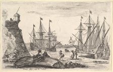 View of a part of Calais (Veue d'un coin de Calais), a man sitting on an overturned canoe ..., 1647. Creator: Stefano della Bella