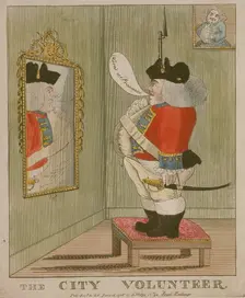 View of a portly City volunteer admiring himself in the mirror, 1785. Artist: Anon