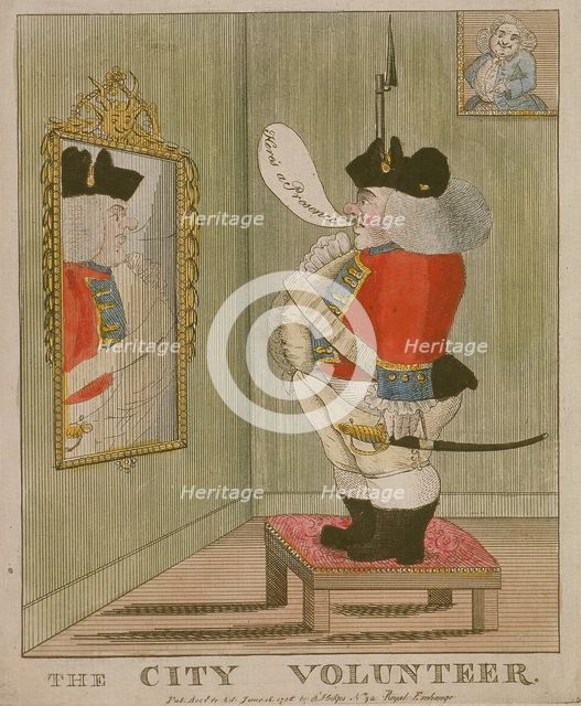 View of a portly City volunteer admiring himself in the mirror, 1785. Artist: Anon