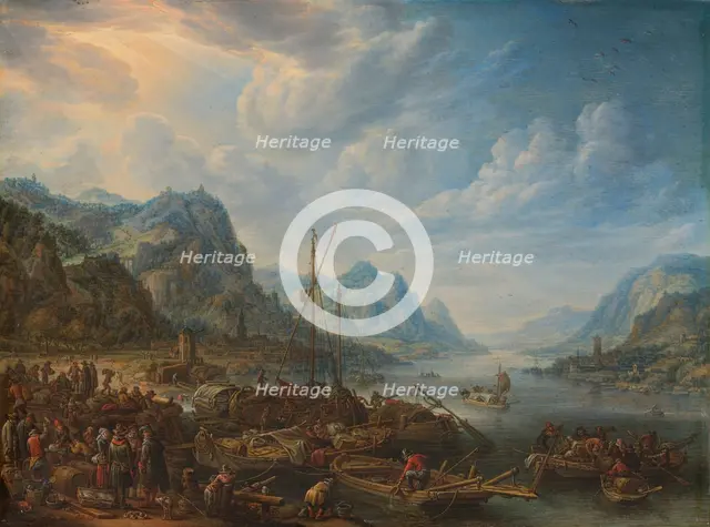 View of a River with Boat Moorings, 1678. Creator: Herman Saftleven the Younger.