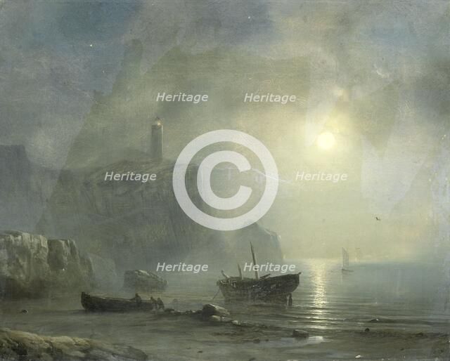 View of a Rocky Coast by Moonlight, 1830-1880. Creator: Theodore Gudin.