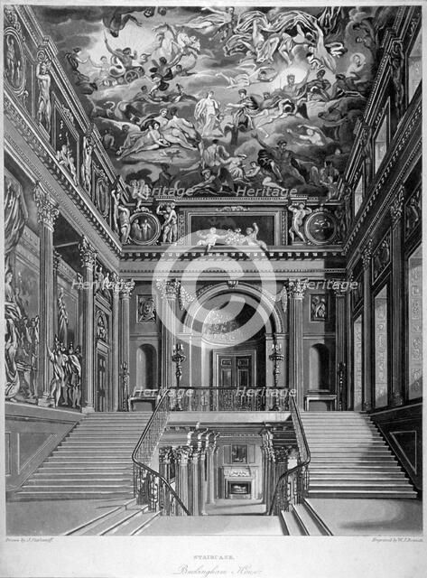 View of a staircase in Buckingham House, Westminster, London, 1819. Artist: William James Bennett