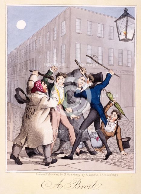 View of a street fight scene at night, City of Westminster, London, 1822.   Artist: Anon
