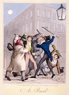 View of a street fight scene at night, City of Westminster, London, 1822. Artist: Anon