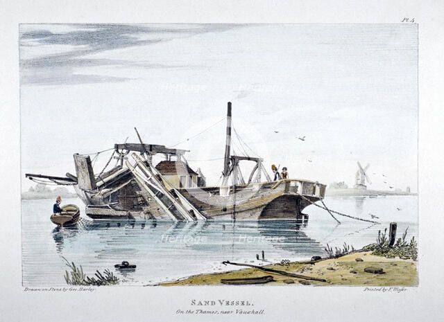View of a sand vessel on the River Thames at Vauxhall, London, c1820.                                Artist: George Harley