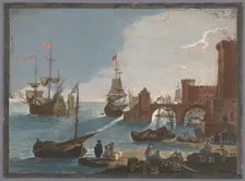 View of a seaport with ships and boats on the water, 1753-1797. Creators: Pierre François Basan , Pierre Fouquet