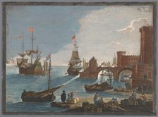 View of a seaport with ships and boats on the water, 1753-1797. Creators: Pierre François Basan , Pierre Fouquet