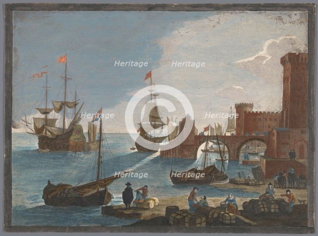 View of a seaport with ships and boats on the water, 1753-1797. Creators: Pierre François Basan   , Pierre Fouquet.