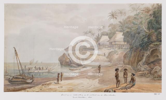 View of a settlement from the east coast of Workai, Aru Islands, Southeast Moluccas, 1824. Creator: Adrianus Johannes Bik.