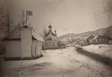 View of a settlement or village with a government(?) building and a church..., between 1885 and 86. Creator: Unknown