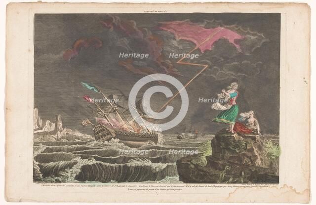 View of a ship struck by lightning at sea, 1700-1799. Creator: Unknown.