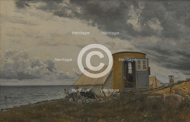 View of a Shore with the Artist's Wagon and Tent at Enö, 1913. Creator: Laurits Andersen Ring.