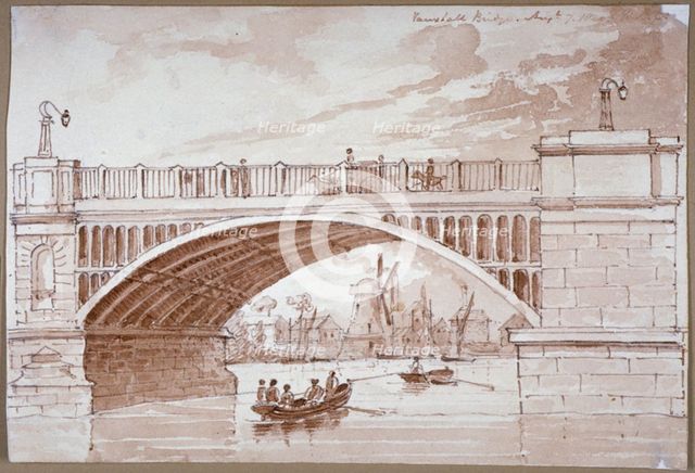 View of a small boat passing underneath Vauxhall Bridge, London, 1820.                        Artist: DHC