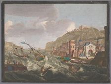 View of a southern harbor with ships and boats on the wild water, 1700-1799. Creators: Anon, Pierre Maleuvre