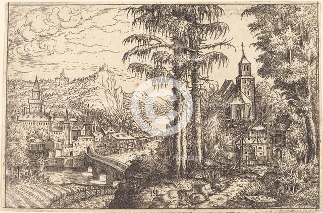 View of a Town near a River with a Church on the Right, 1553. Creator: Hans Sebald Lautensack.
