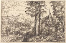 View of a Town near a River with a Church on the Right, 1553. Creator: Hans Sebald Lautensack