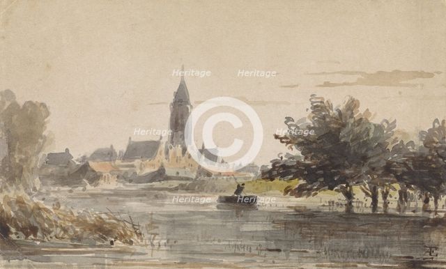 View of a town, seen from across a river, 1828-1897. Creator: Adrianus Eversen.