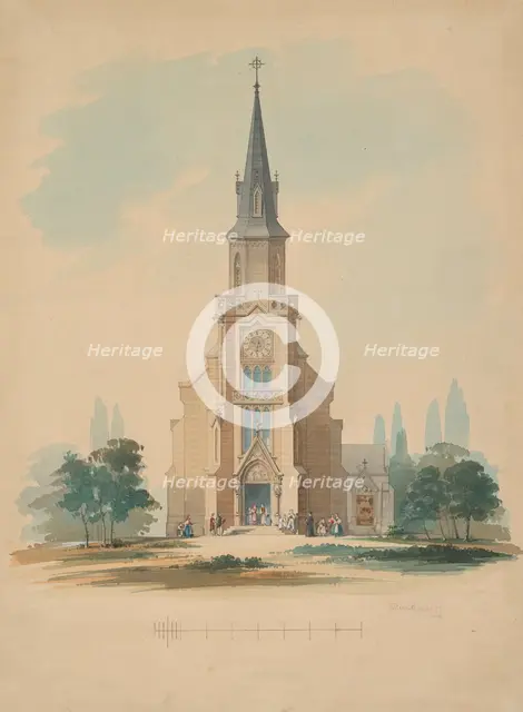 View of a village church in the neo-Gothic style, 1850-1890. Creator: Frantisek Klimkovic.