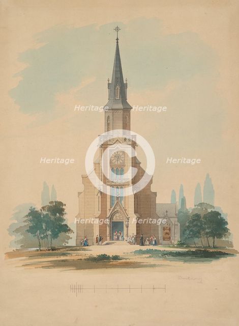 View of a village church in the neo-Gothic style, 1850-1890. Creator: Frantisek Klimkovic.