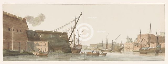View of a wharf in the port with ships in Malta, 1778. Creator: Louis Ducros.