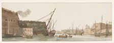View of a wharf in the port with ships in Malta, 1778. Creator: Louis Ducros