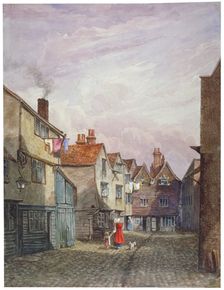 View of a woman and a child walking down Crown Court, Bermondsey, London, c1825. Artist: W Barker