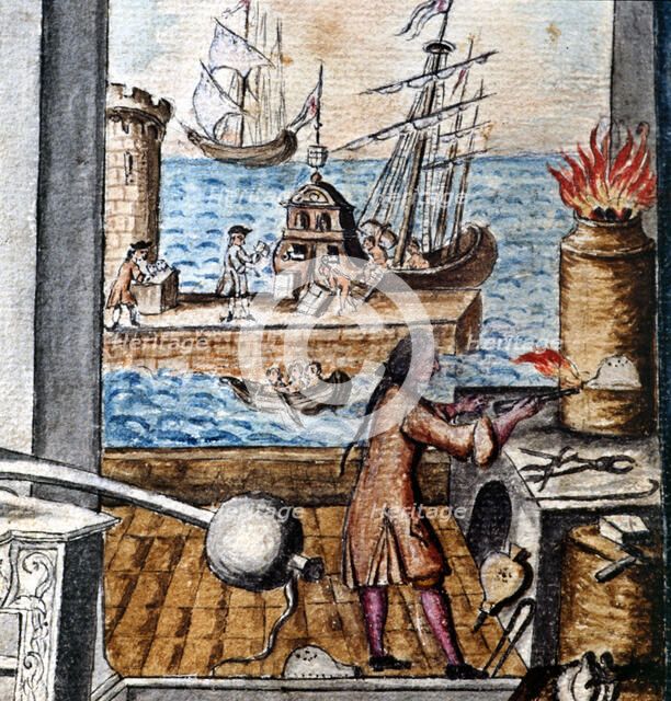 View of a workshop of silversmiths and at the bottom view of the discharging of a cargo ship in t…