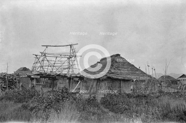 View of Ainu village, 1908. Creator: Arnold Genthe.
