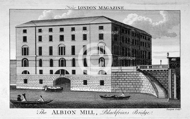 View of Albion Mill, Southwark, from the Thames, c1790. Artist: Eastgate