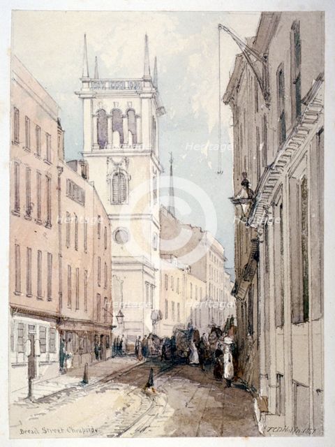 View of All Hallows Church, buildings and figures on Bread Street, City of London, 1851. Artist: Thomas Colman Dibdin