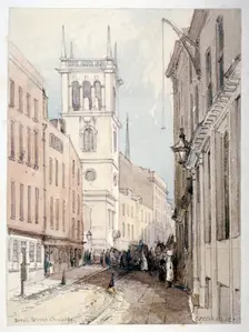 View of All Hallows Church, buildings and figures on Bread Street, City of London, 1851. Artist: Thomas Colman Dibdin
