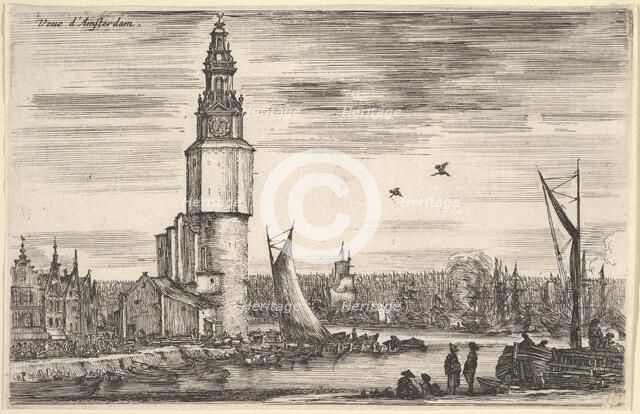 View of Amsterdam (Vue d'Amsterdam), a tower and houses to left, men standing on the pier ..., 1647. Creator: Stefano della Bella.