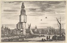 View of Amsterdam (Vue d'Amsterdam), a tower and houses to left, men standing on the pier ..., 1647. Creator: Stefano della Bella