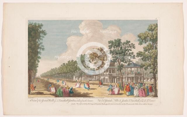 View of an avenue in Vauxhall Gardens in London, seen from the entrance, 1751. Creator: Edward Rooker.