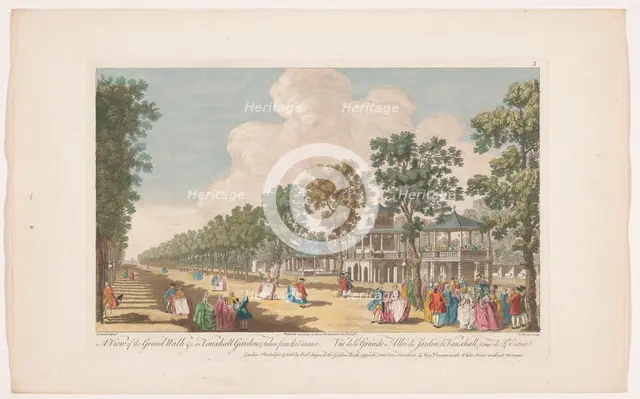 View of an avenue in Vauxhall Gardens in London, seen from the entrance, 1751. Creator: Edward Rooker.