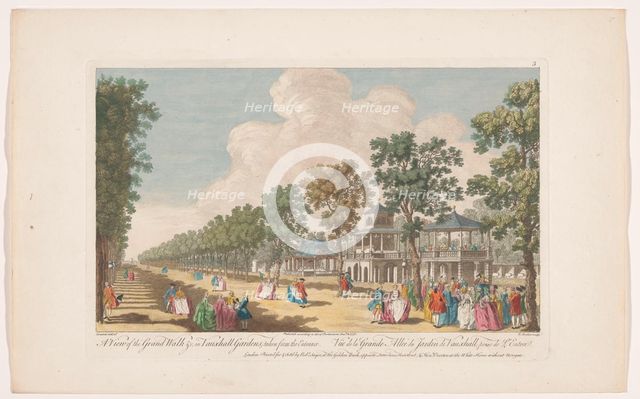 View of an avenue in Vauxhall Gardens in London, seen from the entrance, 1751. Creator: Edward Rooker.