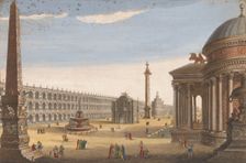 View of an obelisk, a triumphal arch, a column and other structures in Rome, 1756. Creator: Unknown