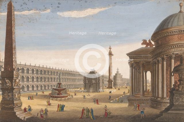 View of an obelisk, a triumphal arch, a column and other structures in Rome, 1756. Creator: Unknown.