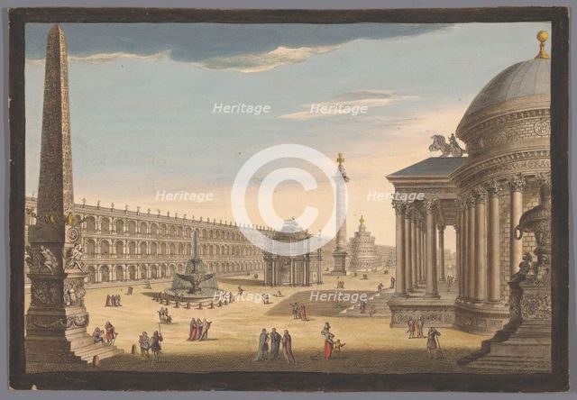 View of an obelisk, a triumphal arch, a column and other structures in Rome, 1756. Creator: Unknown.