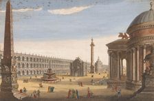 View of an obelisk, a triumphal arch, a column and other structures in Rome, 1756. Creator: Unknown